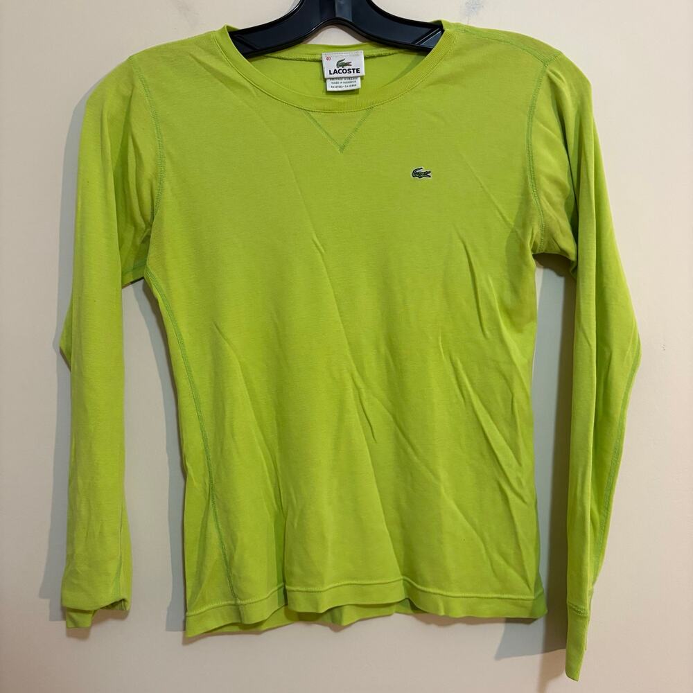 Lacoste Long Sleeve Tee Womens 40 Fits S Lime Green 36 Chest Cotton Crewneck